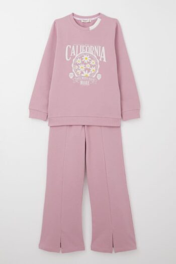 Girls' Tracksuit Set with Flower Print, Wide Leg and Slit, Dusty Pink (Ages 5-10)