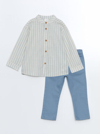 LCW Baby Beige Collar Striped Boys' Shirt and Pant Set 2 Pieces