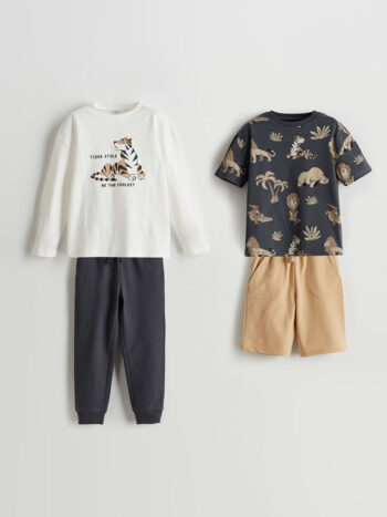 LCW Kids  Cream Crew Neck Printed Boys' Two-Piece Set