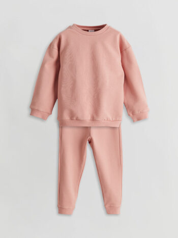 LCW Baby Pink Crew Neck Girl's Baby Sweatshirt and Pants 2-Piece Set
