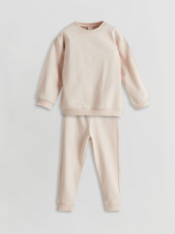 LCW Baby Beige Crew Neck Girl's Baby Sweatshirt and Pants 2-Piece Set