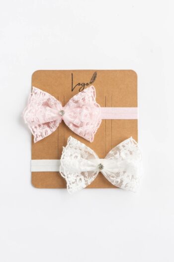 LOGO ACCESSORIES 0-9 Months Baby Girl Bandana 2-Piece Set with Rhinestone Lace Bow (Pink-White)