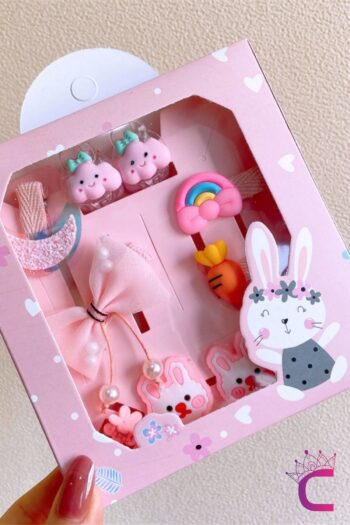 Cinderella 10-Piece Special Design Gift Box Hair Clip Set for Baby Girls - Rainbow Bunny Ribbon Bow Hair Clips