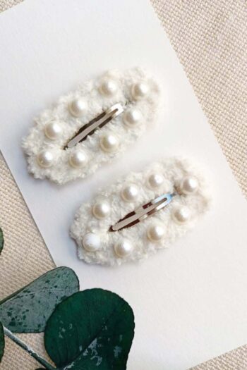 D&D CONCEPT Pearl Embroidered Hand-Knitted White Colored Snap Hair Clip for Baby and Children / Baby Hair Clip - Girls Hair Clip