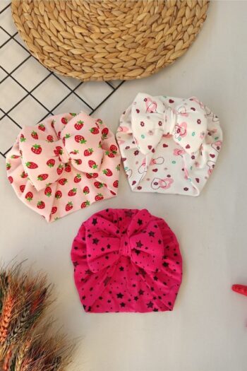 Dubi Baby 3 Piece Baby Hat Set (Strawberry - White Heart - Fuchsia Star) 0-2 Years