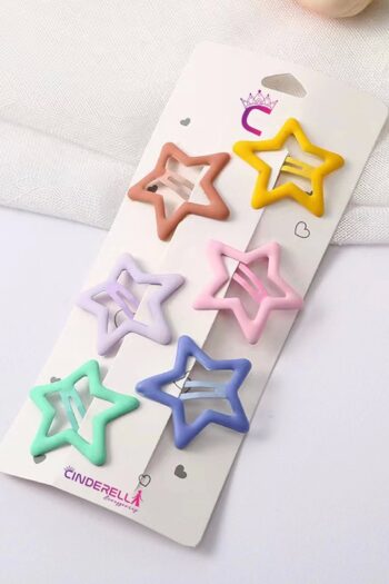 Cinderella Set of 6 Matte Soft Colored Large Star Snap Hair Clips 4cm - Girls Star Clip Hair Accessories