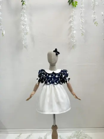 NAVY EMBROIDERED FLOWER DRESS - 2-PACK HAIR CLIPS
