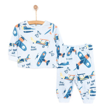 Long Sleeve Airplane Patterned Crew Neck Pajama Set