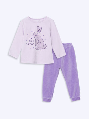 LCW Kids Pink Velvet Round Neck Pajama Set for Girls