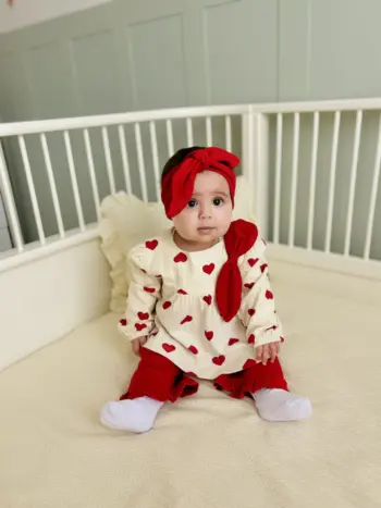 Heart Patterned Bow Detailed 100% Cotton Spanish Flare Ruffled Detail Trouser Headband 3-Piece Set