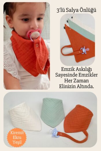 Lawon 3-Piece 100% Cotton 8-Layer Muslin Baby Drool and Bib with Pacifier Holder *green* *brick* *cream*