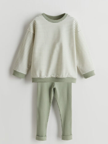 LCW Baby Green Striped Girls' Sweatshirt and Leggings Set