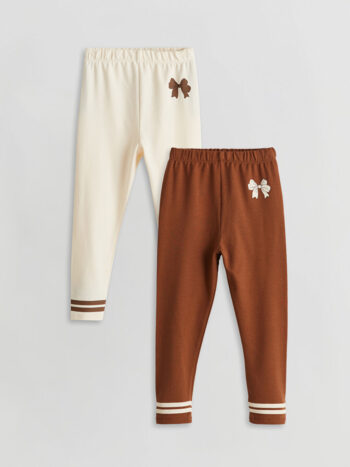 LCW Kids Ekru Waistband Trousers with Ribbon Detail for Girls (Set of 2)