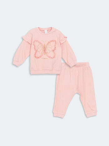 LCW Baby Pink Round Neck Girl Baby Sweatshirt and Leggings Set