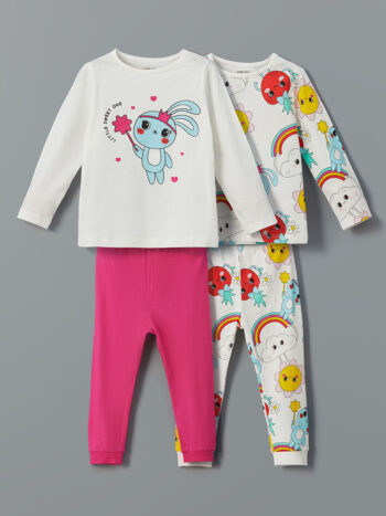 LCW Baby Cream Crew Neck Girls' Pajama Set 2-Piece