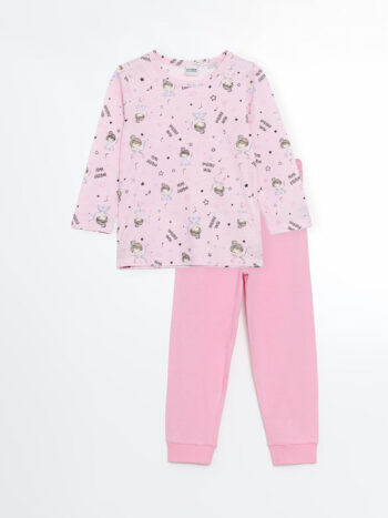 LCW Baby Pink Round Neck Printed Girls' Pajama Set
