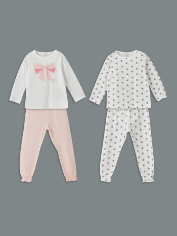 LCW Baby White Round Neck Printed Girl's Pajama Set 2-Piece