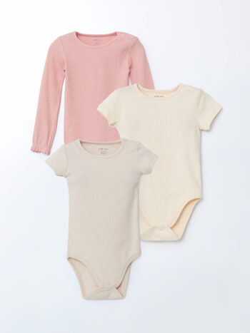 Pink Crew Neck Printed Baby Girl Snap Bodysuit 3-Piece