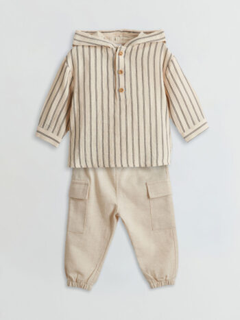 Ecru Hooded Baby Boy Sweatshirt and Trousers 2 Pcs