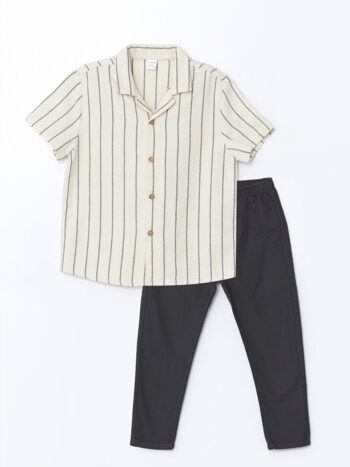 Beige Resort Collar Striped Boys' Shirt and Pants 2 Pcs