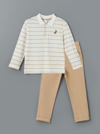 Ecru Polo Collar Boys' T-Shirt and Pants 2 Pcs