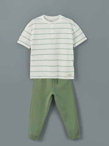 Ecru Crew Neck Striped Girls' T-Shirt and Pants 2 Pcs