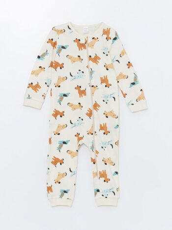 Beige Crew Neck Printed Baby Boy Jumpsuit