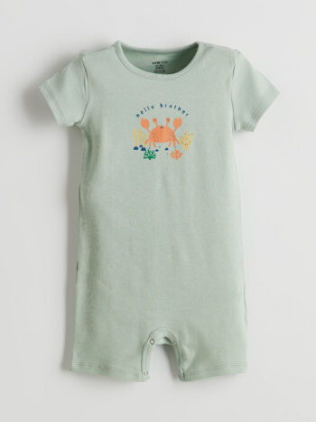 Green Crew Neck Printed Baby Boy Jumpsuit