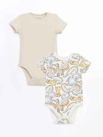 LCW Baby  Ecru Printed Crew Neck Snap Button Bodysuit Set for Boys (2-Pack)