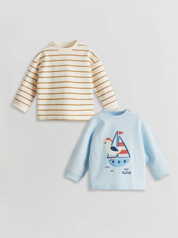 LCW Baby Blue Striped Crew Neck T-Shirt Set for Boys - 2 Pack