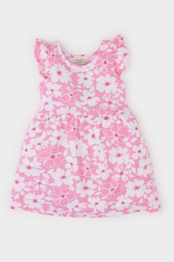 Flower Patterned Short Sleeve Dress for Baby Girls