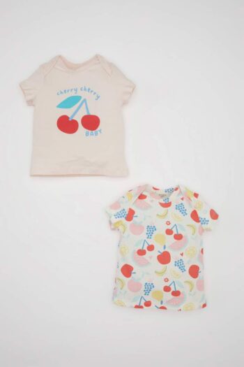 Newborn Girl Envelope Collar Fruit Print Short Sleeve 2-Pack Snap T-Shirts