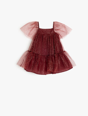 Girls' Baby Dress with Sequins and Tulle Detailed Square Neck and Short Sleeves