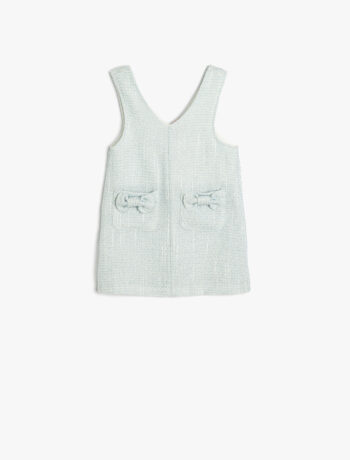 Girl's Cotton Tweed Dress with V-Neck, Pockets, and Bow Detail