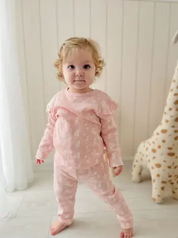Mini Daisy Print Ruffled Shoulder Stretch Fabric Two-Piece Set
