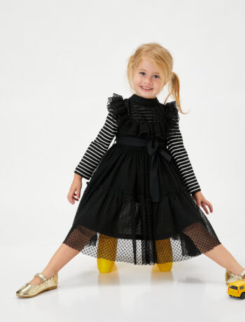 Girl's Tulle Dress with Shirt Collar, Button Details, Sleeveless, Ruffled, and Laced Waist