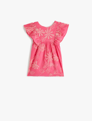 Girl's Dress with Floral Embroidery, Sleeveless, Ruffled Detail, Round Neck, Cotton