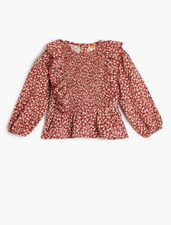 Girl's Floral Blouse Long Sleeve Crew Neck Ruffle Detail Cotton