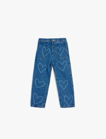 Girls' Baby Heart Pattern Pocket Detail Cotton Denim Pants
