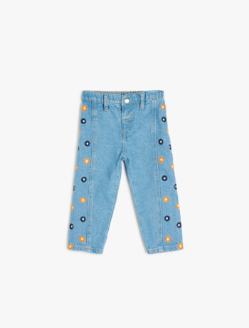 Embroidered Detail Cotton Denim Pants for Baby Girls