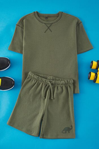 TRENDYOLKIDS Khaki Boys' Plain Knitted Top and Bottom Set TKDSS25AU00029