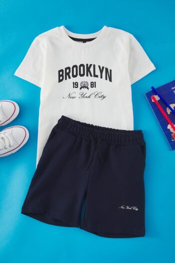 TRENDYOLKIDS Cream Men's Boys' Slogan Knit Two-Piece Set TKDSS25AU00027