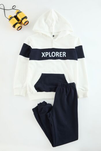 TRENDYOLKIDS Off-White Boys' Slogan Printed Hoodie and Jogger Set TKDAW25AU00060