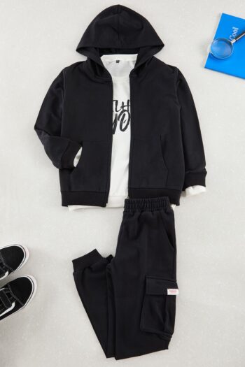 TRENDYOLKIDS Black-Cream Boys' Slogan Knit Set TKDAW25AU00089