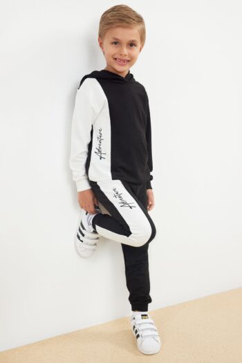 TRENDYOLKIDS Black Boys' Hooded Color Block Cotton Knitted Tracksuit Set TKDAW25AU00058