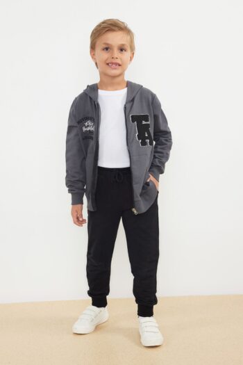 TRENDYOLKIDS Anthracite Boy's Seasonal Thin Printed Hooded Cotton Knit Set TKDAW25AU00006