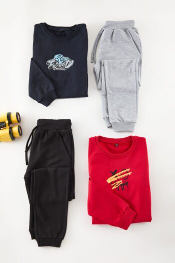 TRENDYOLKIDS Red-Navy Boys Printed Knit Top-Bottom Set TKDAW25AU00091