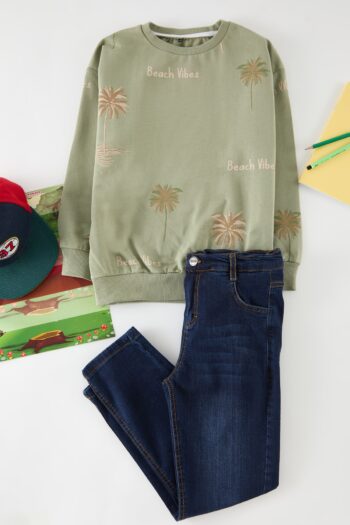 TRENDYOLKIDS Khaki Boys' Printed Knit Top and Bottom Set TKDAW25AU00045