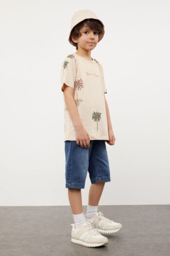 TRENDYOLKIDS Beige Boys' Palm Print Cotton T-shirt and Jean Pants Set Combo TKDSS24AU00003