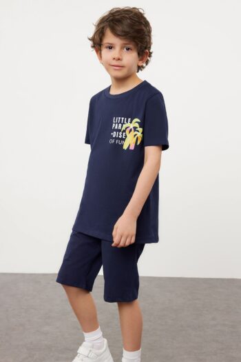 TRENDYOLKIDS Navy Blue Printed Short Sleeve T-shirt and Shorts Cotton Knitted Set for Boys TKDSS24AU00005